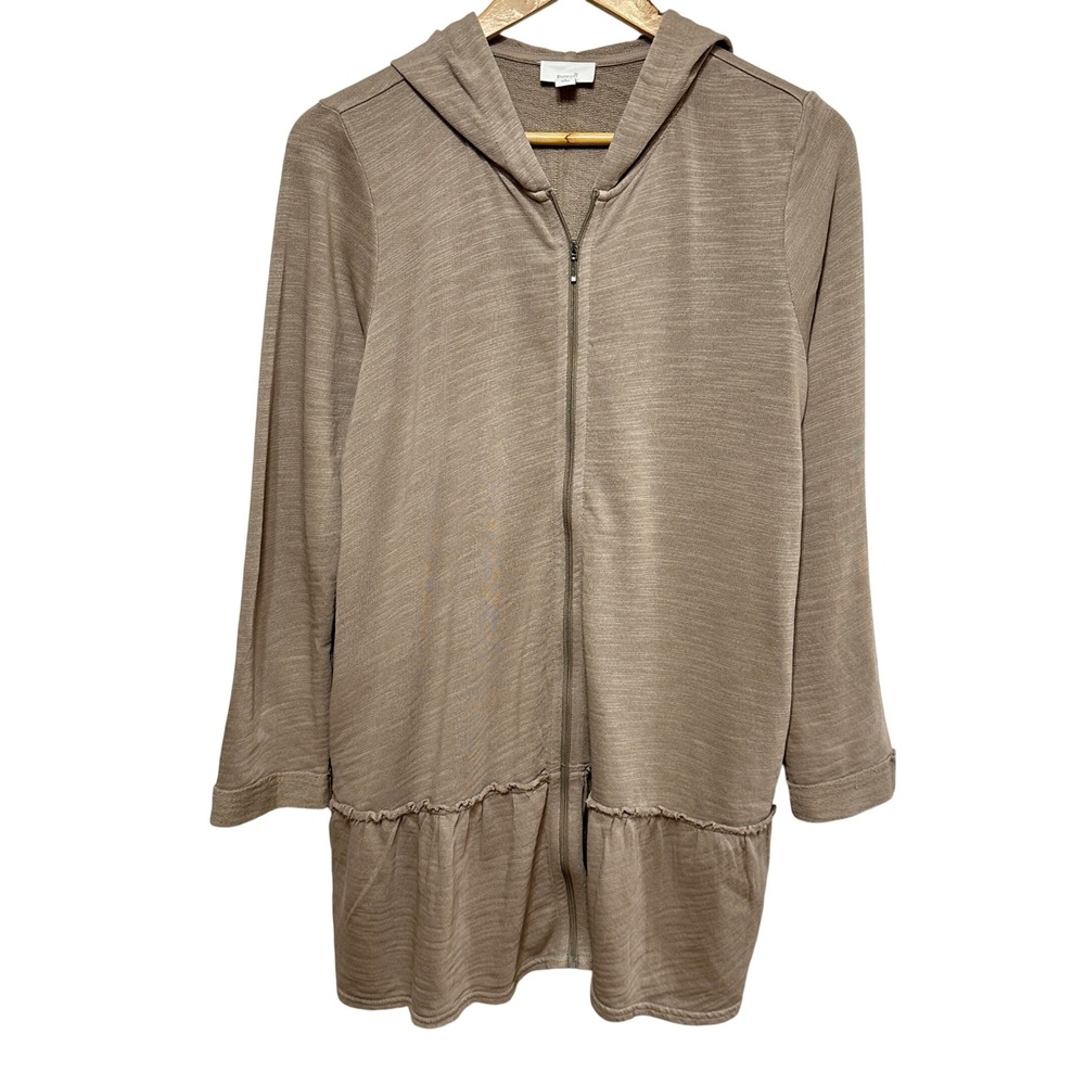 Pure Jill Zip Sweater Hoodie Womens Small Petite Peplum Hooded Cardigan‎ Taupe